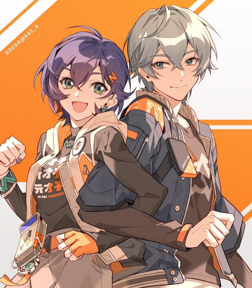 1boy, 1girl, artist_name, bangboo_(zenless_zone_zero), belle_(zenless_zone_zero), blue_hair, blue_nails, brother_and_sister