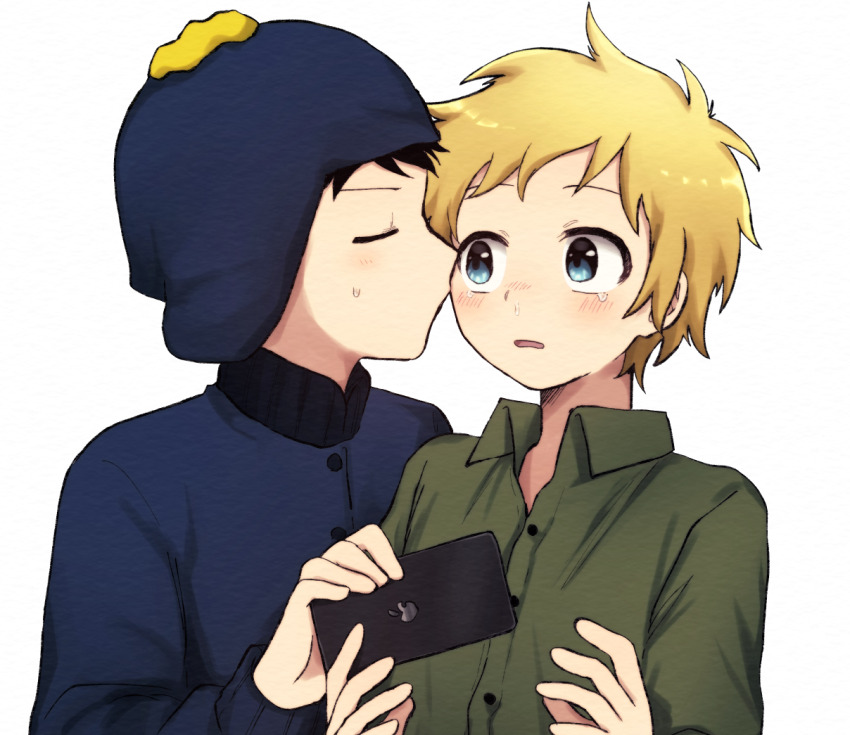 2boys, animification, apple_inc., black_hair, blonde_hair, blue_eyes, blush, cellphone, chullo, closed_eyes, collared_shirt, craig_tucker, crying, holding, holding_phone, iphone, jacket, kiss, kissing_cheek, long_sleeves, looking_at_another, looking_to_the_side, male_focus, multiple_boys, open_mouth, phone, shirt, smartphone, south_park, sweat, tears, tohachi, tweek_tweak, upper_body, yaoi