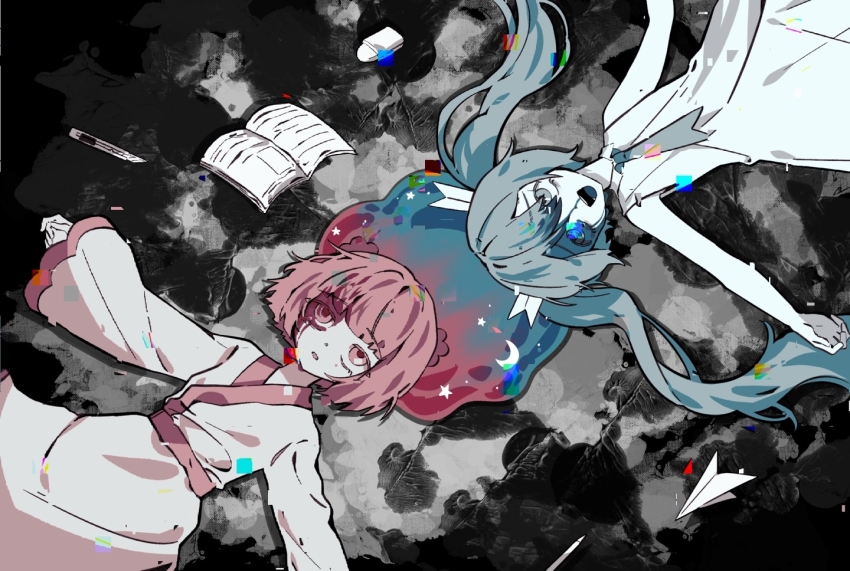 2girls, aqua_eyes, aqua_hair, aqua_necktie, bare_arms, bare_shoulders, book, boxcutter, collared_dress, colored_skin, colored_tongue, commentary_request, cowboy_shot, crescent, diary_(vocaloid), dress, flower, hair_between_eyes, hair_flower, hair_ornament, hatsune_miku, japanese_clothes, kimono, long_sleeves, lying, multiple_girls, necktie, on_back, on_ground, open_mouth, outstretched_arms, paper_airplane, parted_lips, pink_eyes, pink_flower, pink_hair, pink_trim, sleeveless, sleeveless_dress, smile, teeth, tongue, upper_teeth_only, vocaloid, vy1, white_dress, white_skin, zer0h