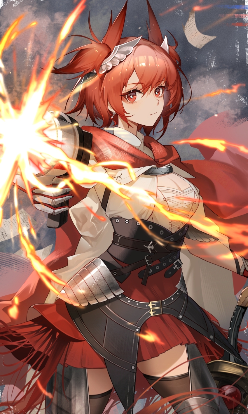 1girl, 2sankta, arknights, armor, breasts, bright_pupils, brown_thighhighs, cape