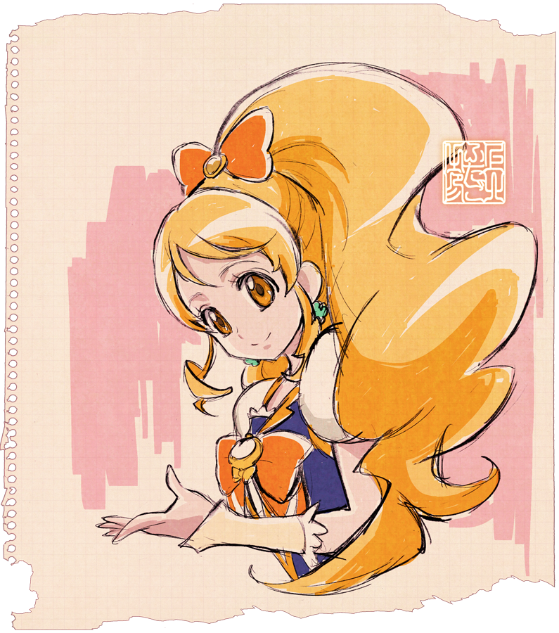 1girl, arm_warmers, artist_logo, blonde_hair, bow, bowtie, clover_earrings, cure_honey