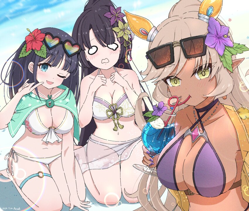 3girls, :3, aqua_capelet, beach, bikini, black-framed_eyewear, black_hair, blue-tinted_eyewear