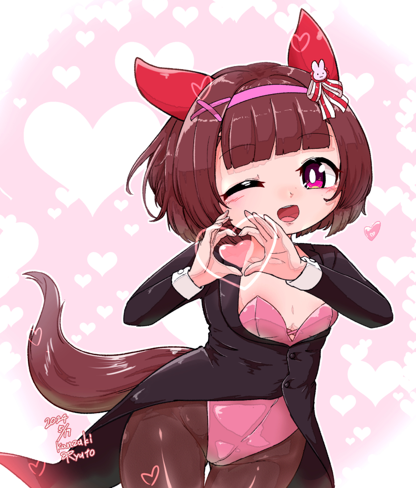 1girl, alternate_costume, animal_ears, blush, breasts, commentary_request, dated, hair_ornament, headband, heart, heart_hands, highres, horse_ears, horse_girl, horse_tail, kanzaki_ryuuto, looking_at_viewer, medium_hair, nishino_flower_(umamusume), one_eye_closed, open_mouth, pantyhose, pink_background, purple_eyes, simple_background, small_breasts, tail, umamusume, x_hair_ornament