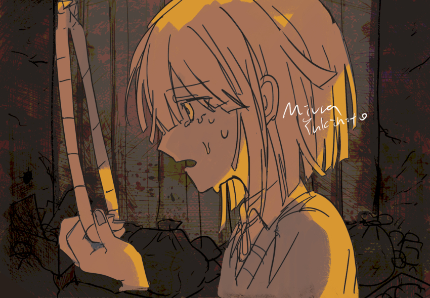 1girl, artist_name, backlighting, blunt_ends, center-flap_bangs, collared_shirt, commentary_request, crying