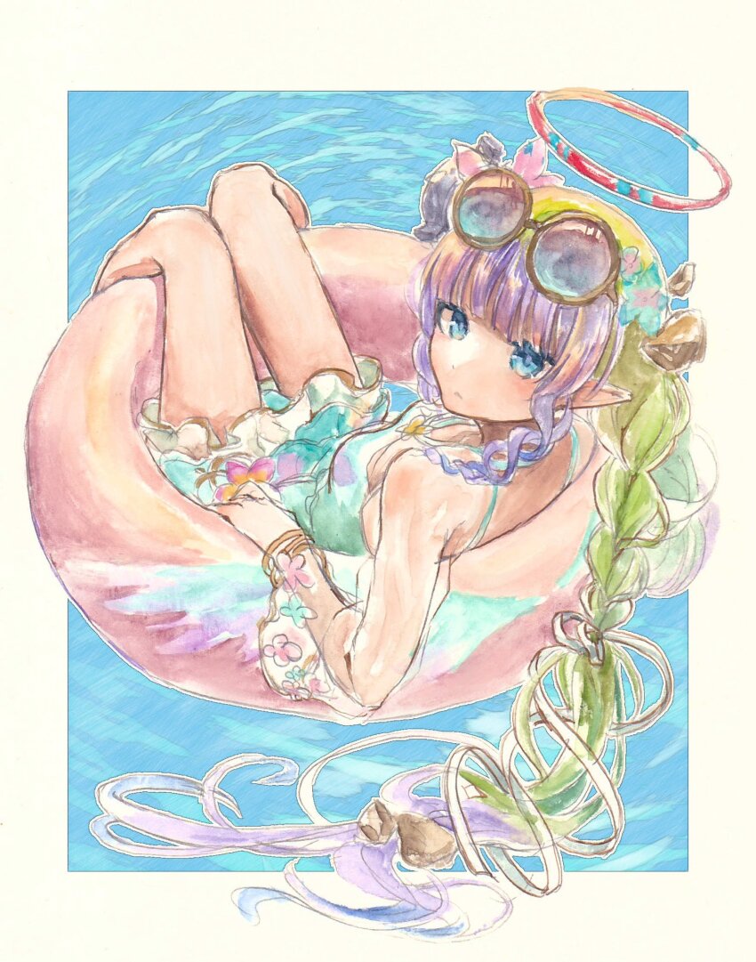 1girl, ameth_(princess_connect!), ameth_(summer)_(princess_connect!), aqua_one-piece_swimsuit, blue-tinted_eyewear, blunt_bangs, braid, breasts