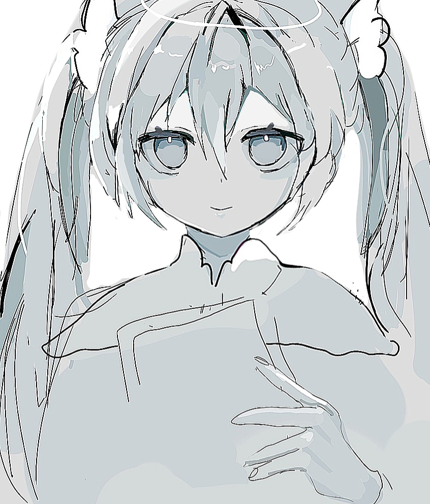 1girl, closed_mouth, colored_skin, commentary_request, fingernails, hair_between_eyes, hair_ornament, halo, hatsune_miku, holding, korean_commentary, looking_at_viewer, mochiko_bittoyo, no_pupils, rakuraku_anrakushi_(vocaloid), simple_background, sketch, smile, solo, twintails, upper_body, vocaloid, white_background, white_hair, white_skin, wing_hair_ornament