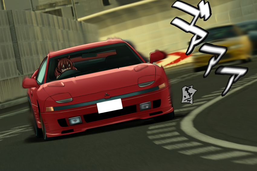 1girl, animal_ears, brown_eyes, brown_hair, car, driving, ear_covers, gran_turismo