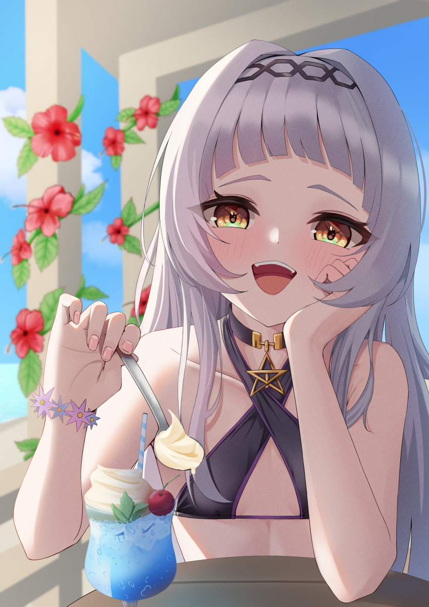 1girl, absurdres, choker, flower, food, hair_ornament, highres, hololive