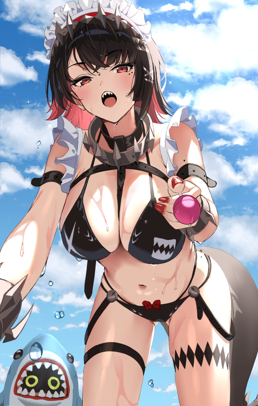 1girl, alternate_costume, bikini, black_bikini, black_hair, blue_sky, breasts, candy