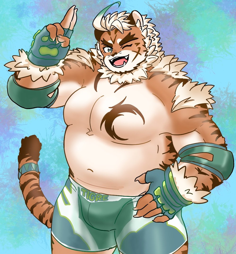 1boy, ahoge, animal_ears, bara, belly, blue_eyes, blush, bulge, cowboy_shot, fat, fat_man, furry, furry_male, hombre_tigre_(housamo), kuwai0121, large_pectorals, looking_at_viewer, male_focus, muscular, muscular_male, navel, one_eye_closed, pectorals, short_hair, solo, standing, thick_eyebrows, tiger_boy, tiger_ears, tokyo_houkago_summoners, topless_male, white_hair, wrestling_outfit