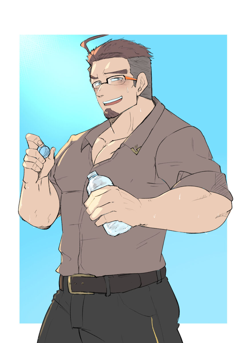 1boy, absurdres, ahoge, bara, belt, blush, bottle, cowboy_shot