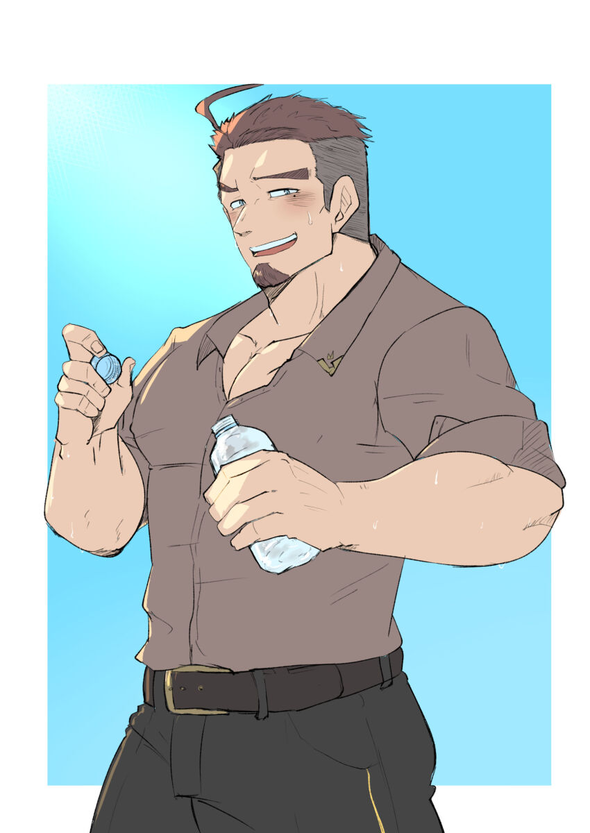 1boy, absurdres, ahoge, bara, belt, blush, bottle, cowboy_shot