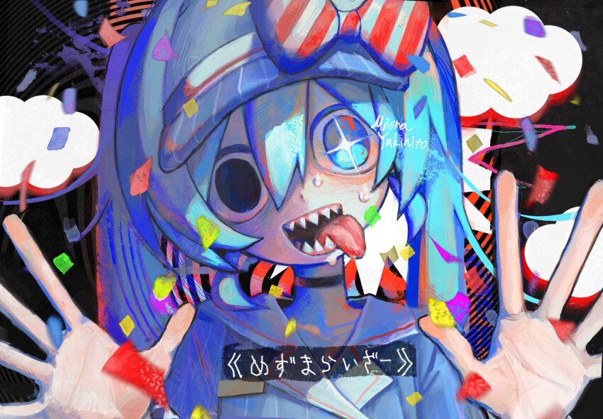 +_+, 1girl, artist_name, black_choker, black_eyes, blue_dress, blue_eyes, blue_hair, bow, bright_pupils, choker, cloud, collarbone, collared_dress, commentary_request, confetti, diagonal-striped_bow, dress, hair_between_eyes, hands_up, hatsune_miku, head_tilt, heterochromia, highres, long_hair, looking_at_viewer, mesmerizer_(vocaloid), miurayukihito, open_mouth, portrait, red_bow, sharp_teeth, short_sleeves, simple_background, single_empty_eye, smile, solo, straight-on, striped_bow, striped_clothes, striped_dress, sweat, teeth, tongue, tongue_out, twintails, two-tone_bow, vertical-striped_clothes, vertical-striped_dress, visor_cap, vocaloid, white_bow, white_pupils, wide-eyed