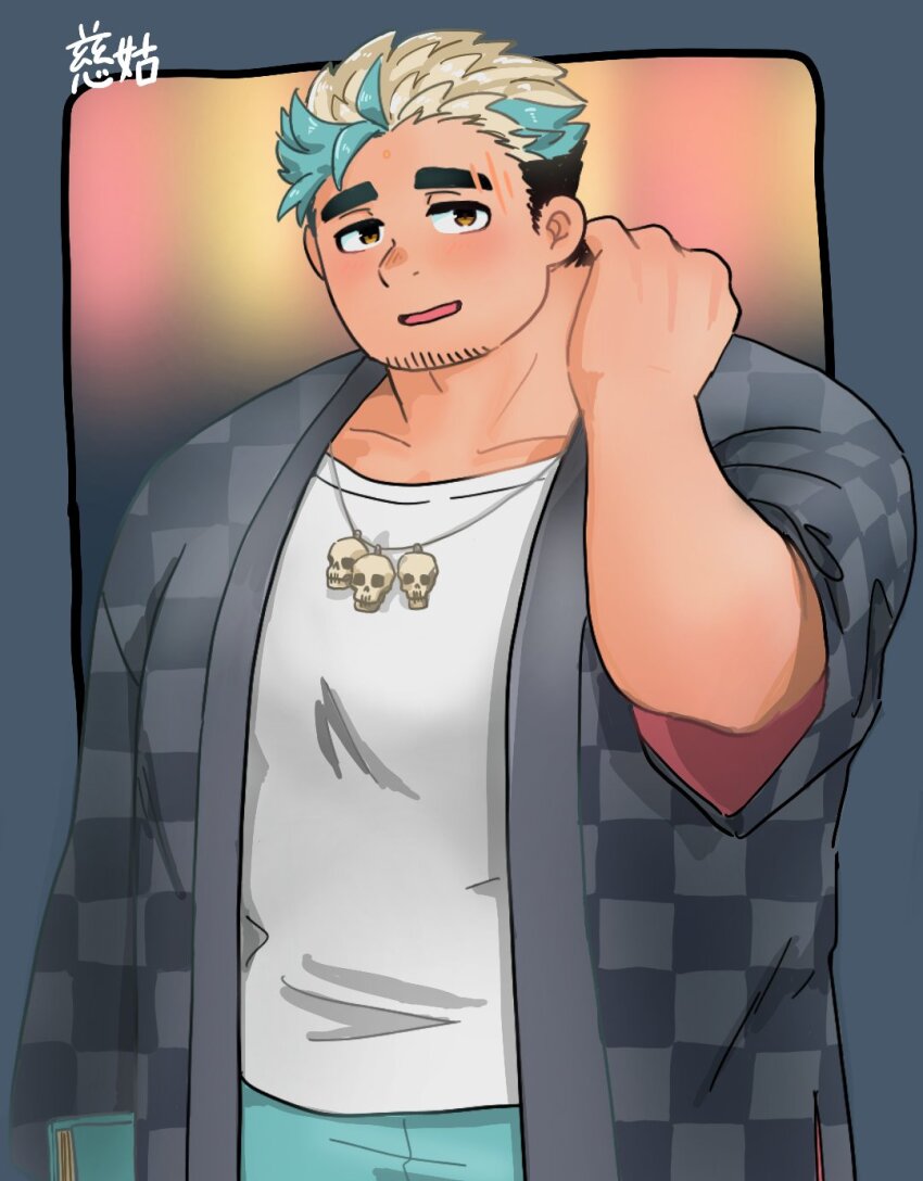 1boy, alternate_costume, aqua_hair, bara, blonde_hair, blush, cowboy_shot, facial_hair