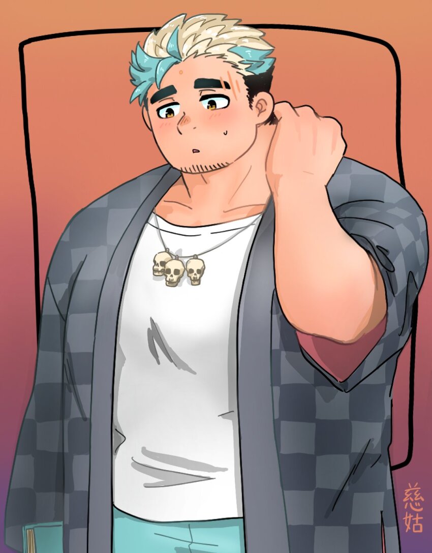 1boy, :o, alternate_costume, aqua_hair, averting_eyes, bara, blonde_hair, cowboy_shot