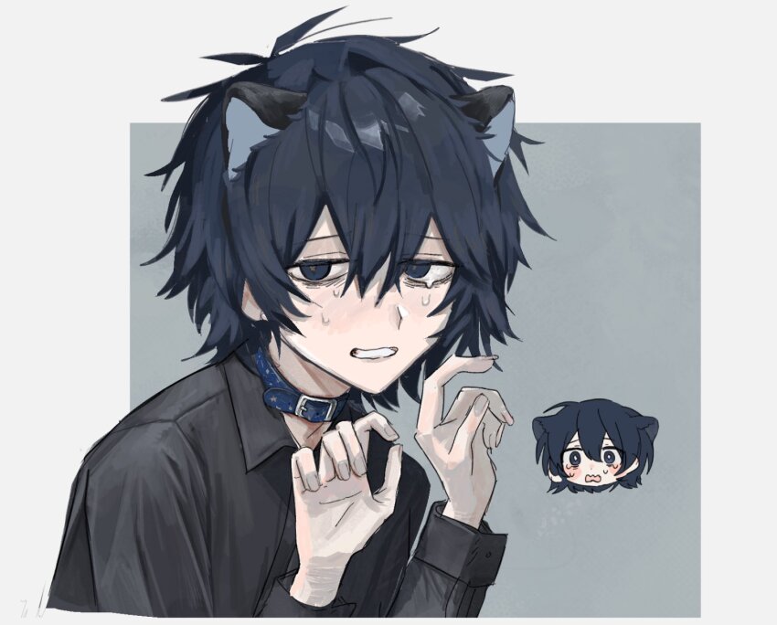 1boy, animal_ears, antenna_hair, aqua_background, black_shirt, blue_collar, blue_eyes, blue_hair, border, cat_boy, cat_ears, chibi, chibi_inset, collar, collared_shirt, commentary_request, cropped_torso, dark_blue_hair, fingernails, grey_border, grin, hair_between_eyes, hair_intakes, hands_up, highres, long_sleeves, looking_at_viewer, male_focus, miurayukihito, original, outside_border, shirt, short_hair, simple_background, smile, solo, sweat