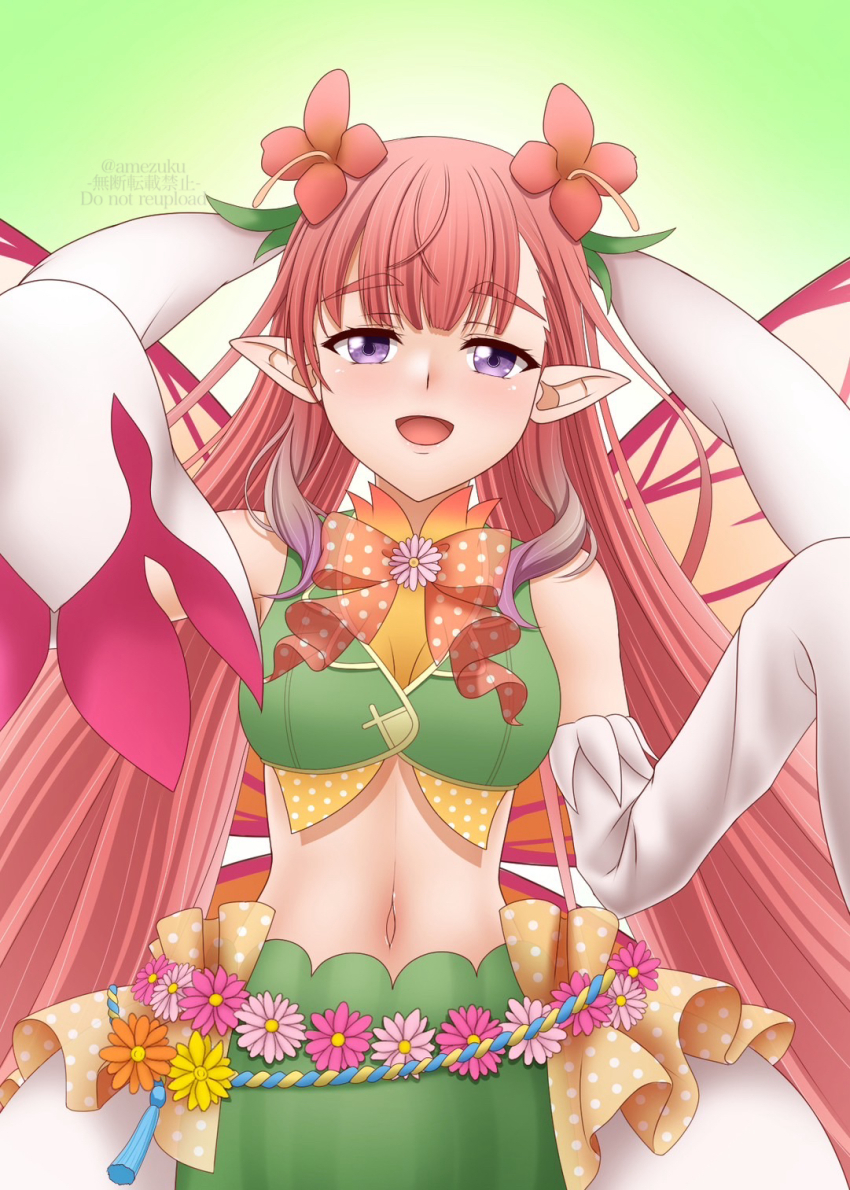 1girl, :d, amezuku, animal_ears, bare_shoulders, crop_top, detached_sleeves, fairy