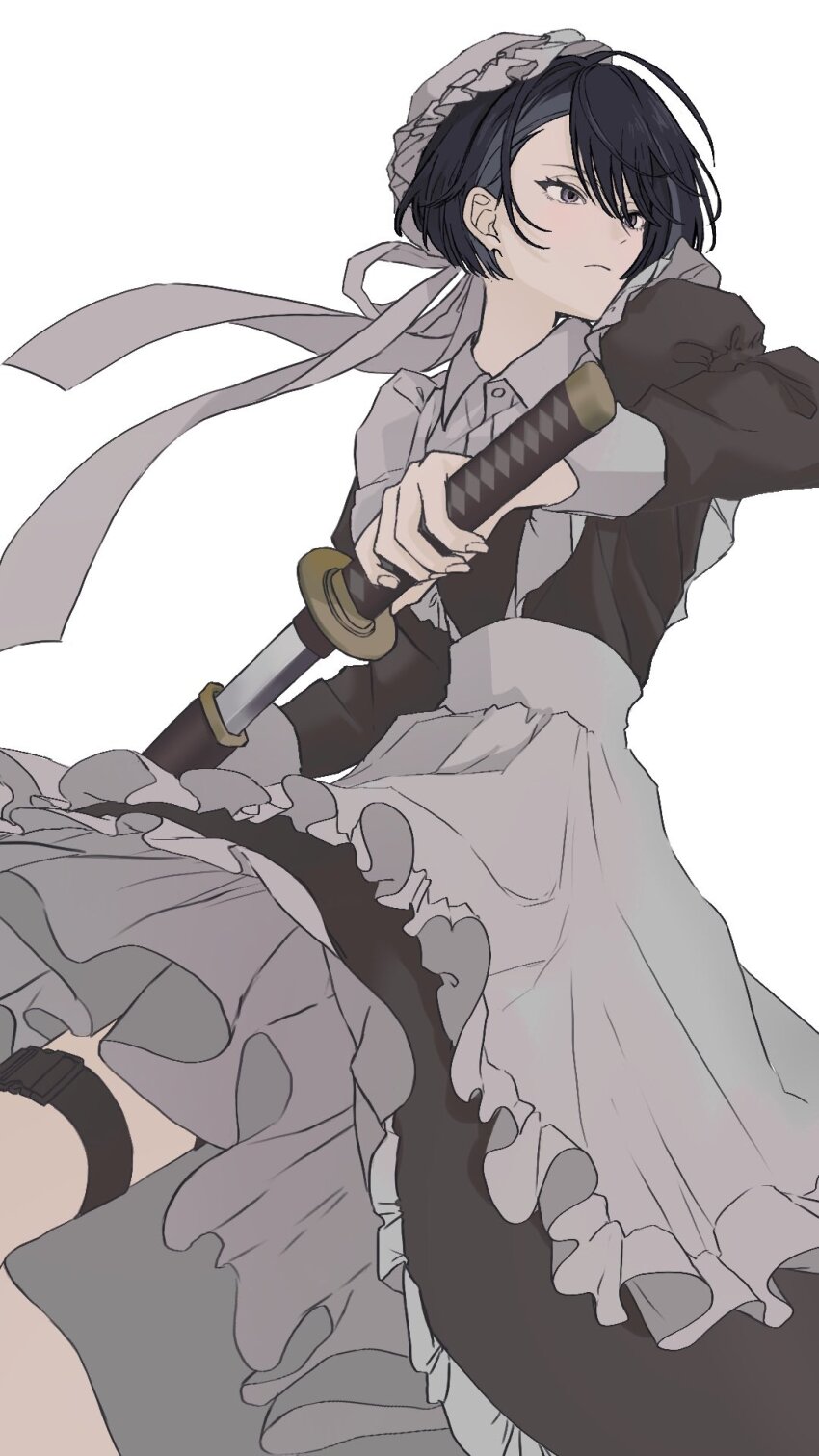 18trip, 1boy, apron, belt, black_belt, black_dress, black_hair, collared_shirt