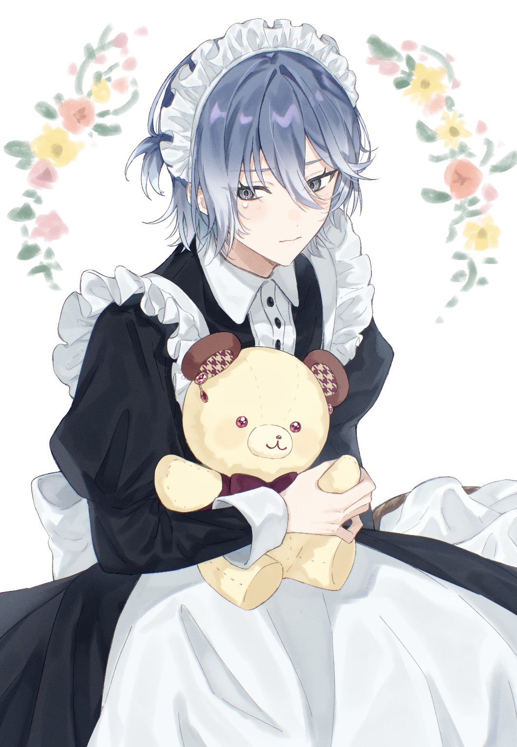 18trip, 1boy, apron, back_bow, black_dress, blush, bow, bowtie, brown_bow, brown_bowtie, closed_mouth, collared_dress, commentary, cowboy_shot, crossdressing, crossdressing_(mtf), crying, dress, flower, flower_wreath, frilled_dress, frills, grey_eyes, grey_hair, hachinoya_nagi, hair_between_eyes, hand_up, highres, holding, holding_stuffed_toy, looking_to_the_side, maid, maid_apron, maid_headdress, male_focus, male_maid, puffy_sleeves, sleepumpkin, solo, stuffed_animal, stuffed_toy, sweat, sweatdrop, tears, teddy_bear, white_background, white_bow, wrist_cuffs