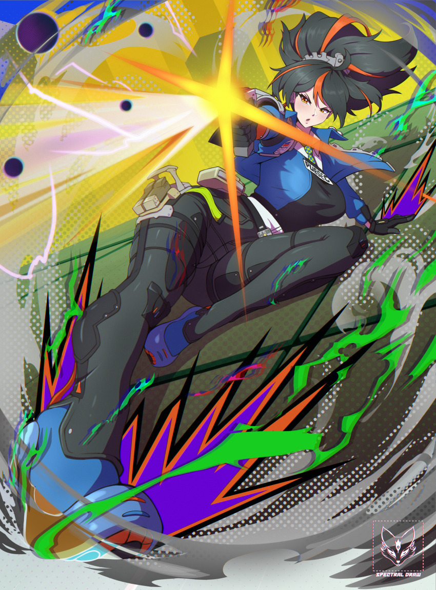 1girl, absurdres, arm_support, artist_name, black_gloves, black_pants, blue_footwear, blue_jacket