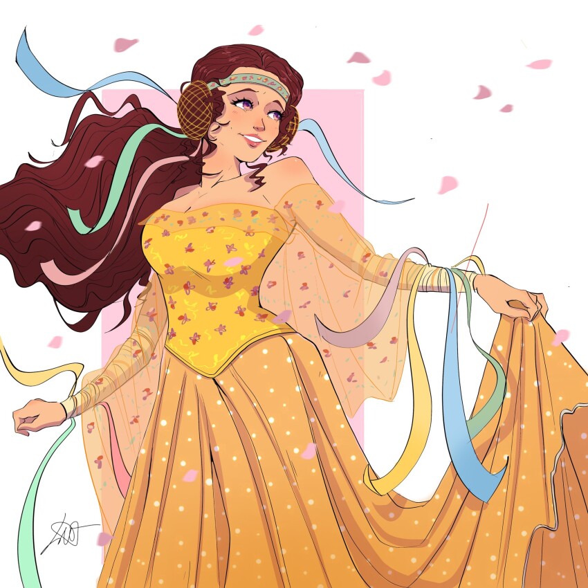 1girl, artist_request, blossoms, breasts, brown_hair, closed_mouth, digitalart, female_focus, highres, large_breasts, long_hair, padme_amidala, purple_eyes, smile, star_wars, star_wars:_attack_of_the_clones, text_focus