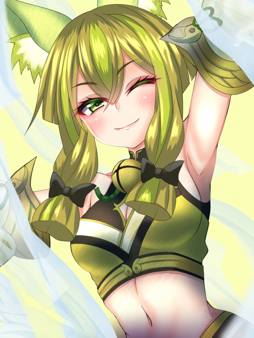 1girl, absurdres, animal_ears, arms_up, bell, breasts, cleavage, cleavage_cutout, clothing_cutout, crop_top, duel_monster, fox_ears, green_eyes, green_hair, highres, hu-li_the_jewel_mikanko, jingle_bell, juubun_maeda, looking_at_viewer, medium_breasts, midriff, navel, sideboob, smile, solo, torso, yu-gi-oh!