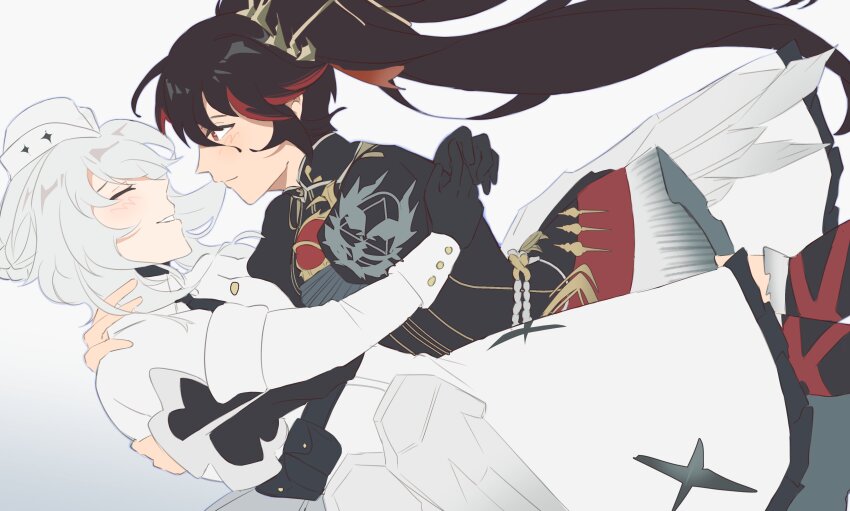 2girls, absurdres, belt, belt_pouch, black_belt, black_dress, black_gloves, black_hair, black_thighhighs, chuunivani, closed_eyes, dress, garrison_cap, gloves, gown, grey_dress, grey_hair, grey_hat, hat, highres, hug, liv:_empyrea_(pgr), liv_(pgr), long_hair, long_sleeves, lucia:_pyroath_(pgr), lucia:_pyroath_(prestigious_accolade)_(pgr), lucia_(pgr), multicolored_hair, multiple_girls, official_alternate_costume, parted_lips, pouch, punishing:_gray_raven, red_eyes, red_hair, streaked_hair, thighhighs, twintails, yuri