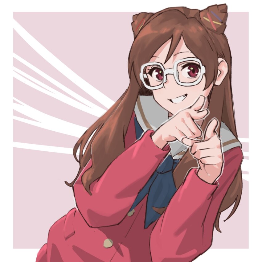 1girl, brown_hair, glasses, grin, hibike!_euphonium, highres, kamaya_suzume, long_hair