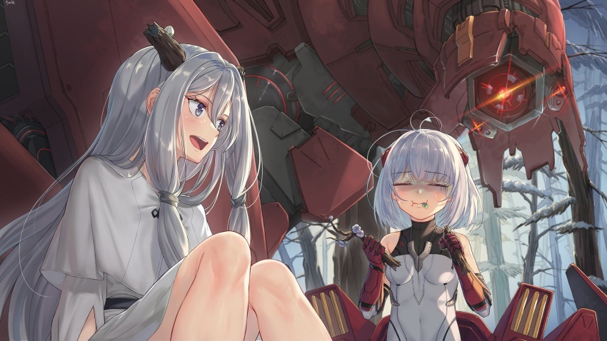 2girls, :d, :i, armor, bodysuit, branch, breasts, broken_horns