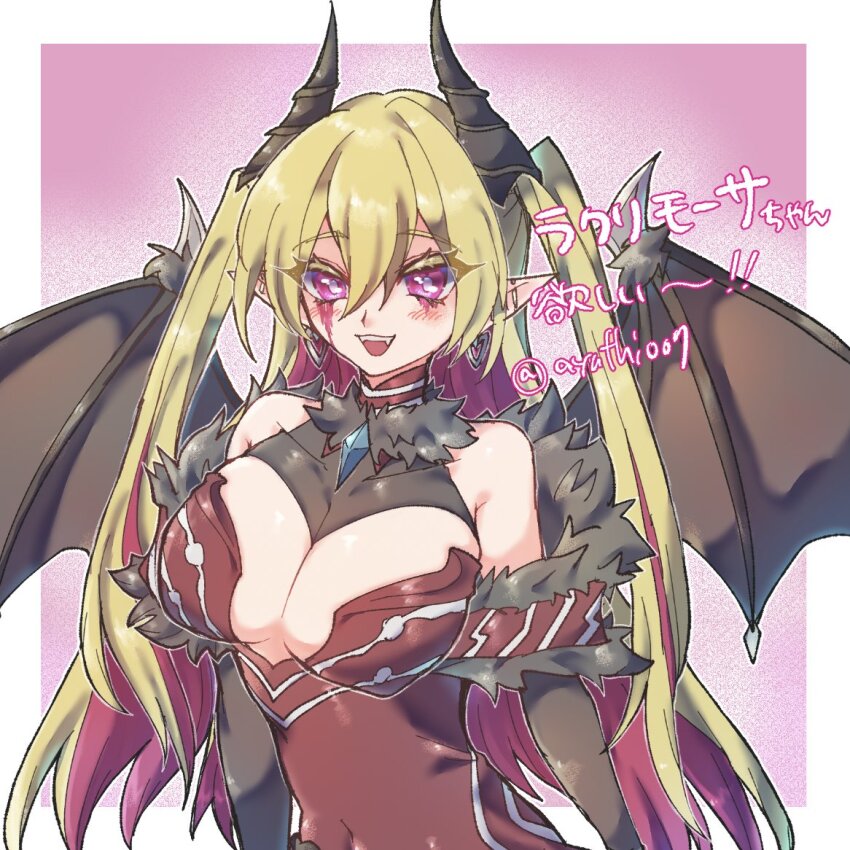 1girl, ayuthi007, black_horns, black_wings, blonde_hair, blush, breasts, demon_girl