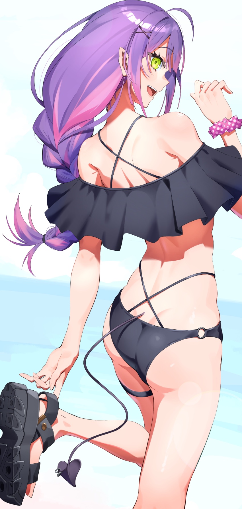 1girl, absurdres, ass, bare_shoulders, bikini, black_bikini, blurry, blurry_background