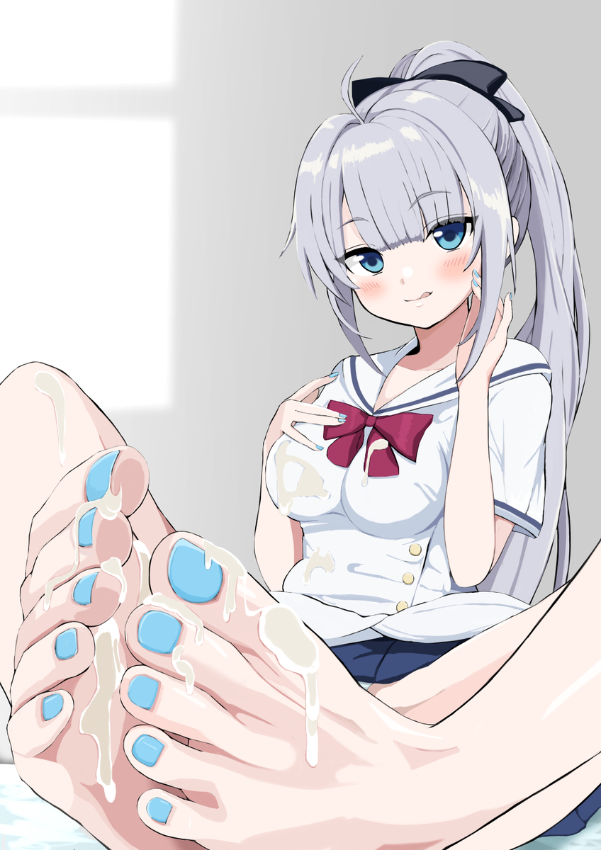 1girl, after_footjob, bare_legs, barefoot, blue_eyes, blush, censored, cum, cum_on_body, cum_on_clothes, cum_on_feet, cum_on_lower_body, feet, foot_focus, ginka_(visual_novel), grey_hair, grin, highres, ichigyou, licking_lips, long_hair, looking_at_viewer, nail_polish, panties, ponytail, shinomiya_ginka, smile, toenail_polish, toenails, toes, tongue, tongue_out, underwear