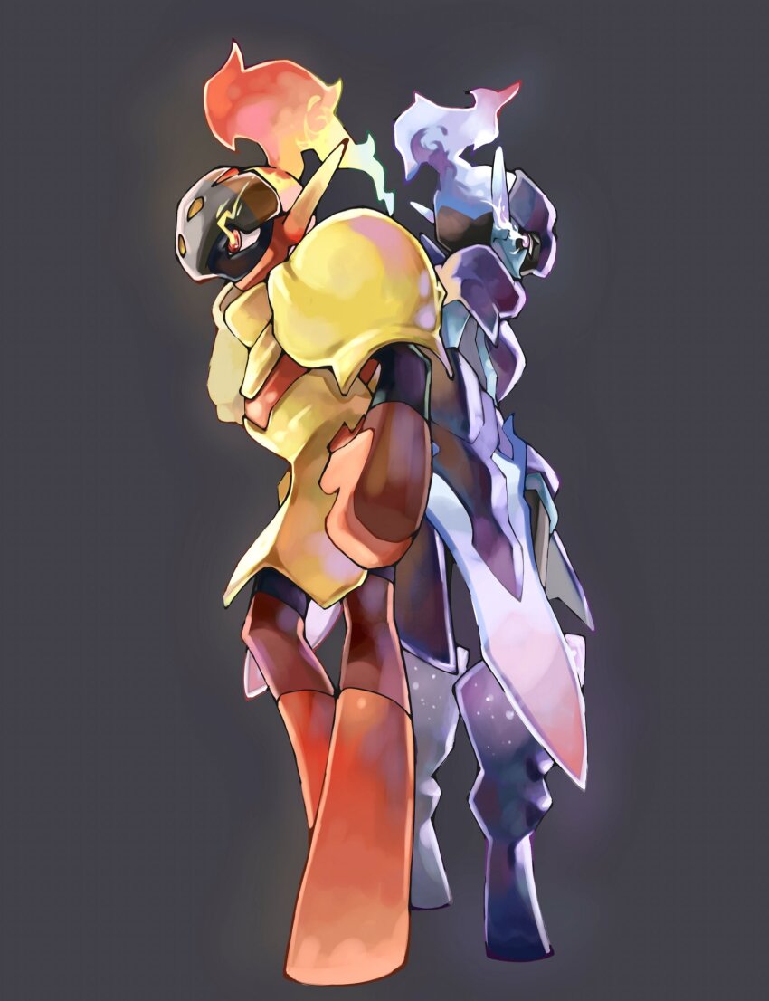 arm_blade, armarouge, armor, back-to-back, blonde_hair, ceruledge, evolutionary_line, eye_trail