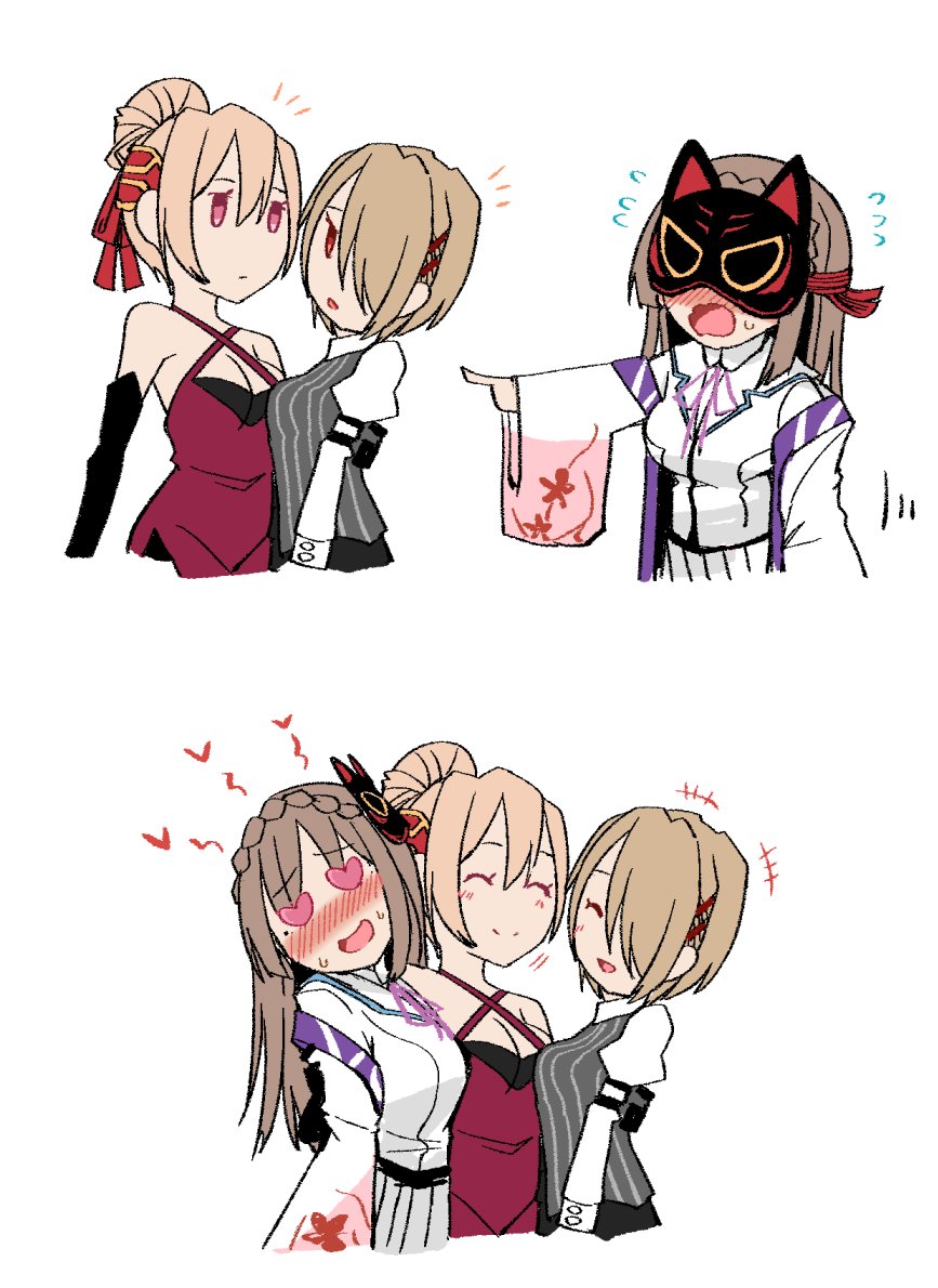 3girls, blonde_hair, braid, breasts, crown_braid, dress, evening_gown, hair_ornament, hair_over_one_eye, hairclip, harem, heaven_burns_red, kayamori_ruka, kenpi_(hs-totyu), kiryuu_miya, long_hair, love_triangle, mask, multiple_girls, red_eyes, shirakawa_yuina, shirakawa_yuina_(moonstruck_by_you), shirt, sidelocks, white_shirt, yuri