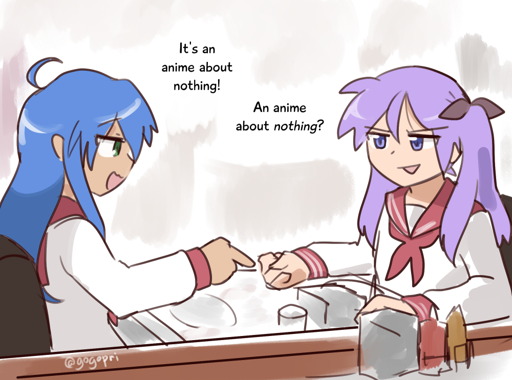 2girls, :3, ahoge, blue_hair, english_text, gogopri, green_eyes, hair_ribbon