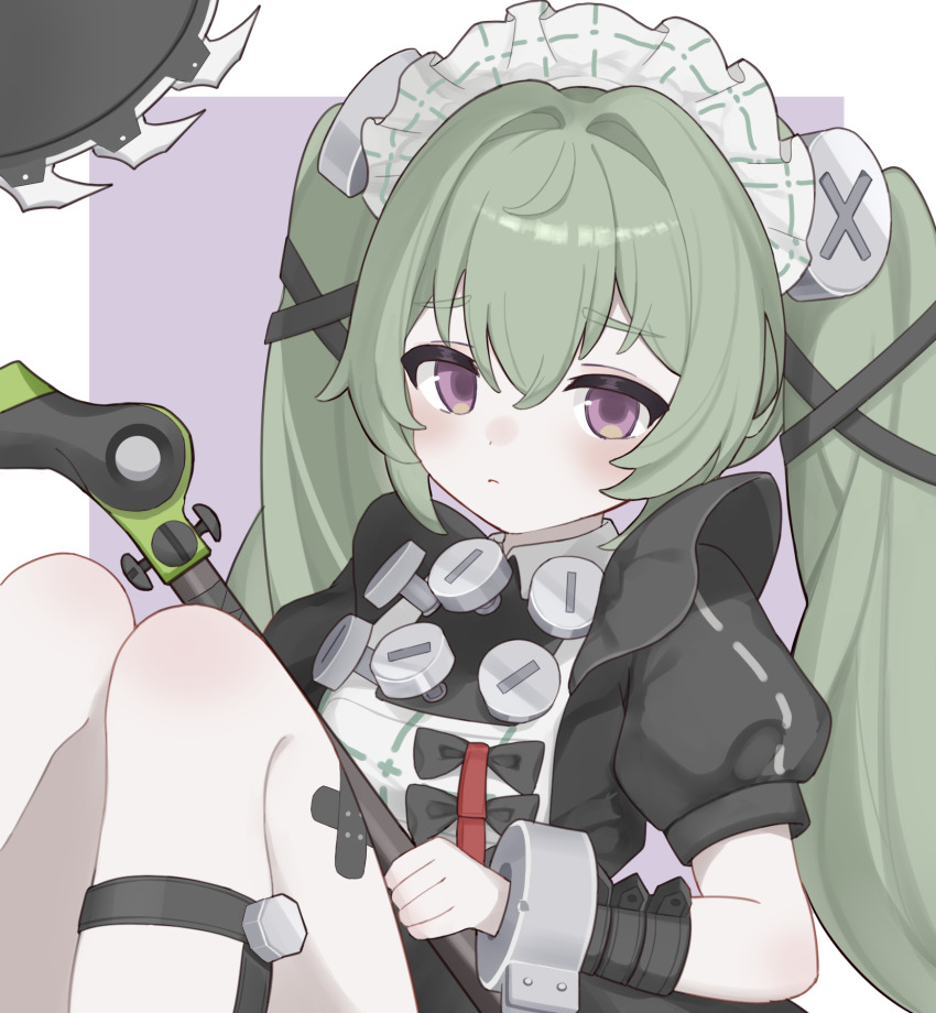 1girl, apron, bandaid, bandaid_on_leg, black_bow, black_dress, border, bow