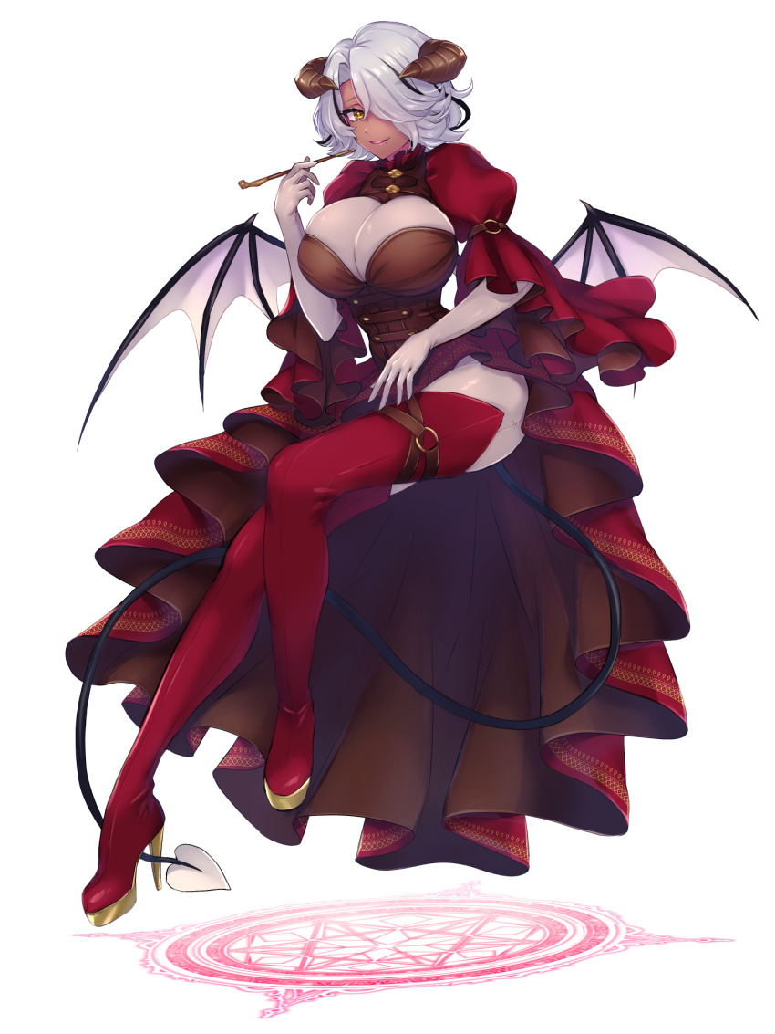 1girl, black_hair, boots, breasts, brown_horns, chain_paradox, cleavage, dark-skinned_female, dark_skin, demon_tail, dress, full_body, gome_(tw6), hair_over_one_eye, high_heel_boots, high_heels, highres, holding, holding_smoking_pipe, horns, invisible_chair, large_breasts, looking_at_viewer, magic_circle, multicolored_boots, multicolored_hair, o-ring, piedad_rozano, red_boots, red_dress, sitting, smoking_pipe, solo, streaked_hair, tail, two-tone_boots, white_hair, wings, yellow_boots, yellow_eyes