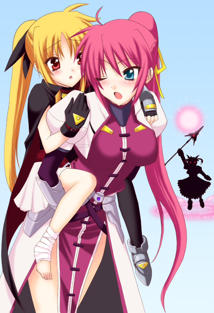 00s, 3girls, age_difference, bandages, barefoot, belt, blonde_hair, blue_eyes