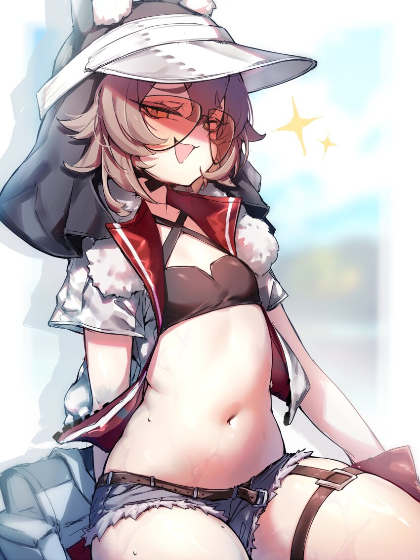 1girl, absurdres, animal_ears, arknights, bikini, black_bikini, blue_shorts, brown_hair, caper_(arknights), caper_(summer_flowers)_(arknights), cutoffs, denim, denim_shorts, highres, jacket, kupa_(jesterwii), loli, navel, official_alternate_costume, open_clothes, open_jacket, open_mouth, rabbit_ears, rabbit_girl, red_eyes, rimless_eyewear, short_shorts, short_sleeves, shorts, smile, solo, stomach, sunglasses, swimsuit, visor_cap, white_jacket