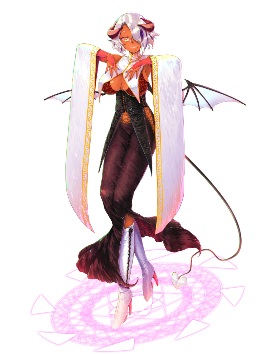 1girl, black_dress, blue_nails, boots, bra, breasts, brown_horns, chain_paradox