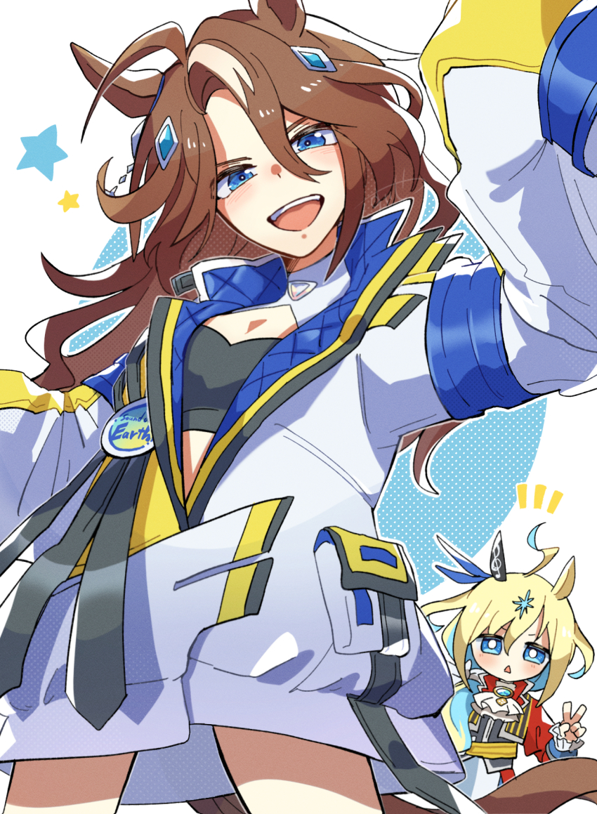 2girls, animal_ears, ascot, bandeau, black_bandeau, blonde_hair, blue_eyes, blue_gem