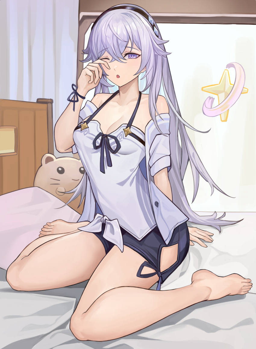1girl, absurdres, ashe, bare_legs, bare_shoulders, barefoot, bed, bed_sheet