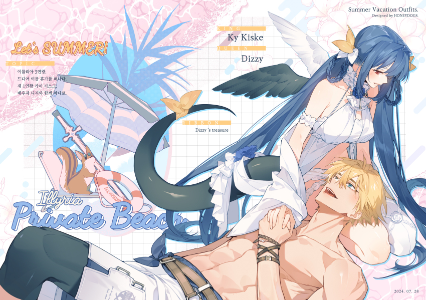 1boy, 1girl, abs, alternate_costume, asymmetrical_wings, bare_shoulders, belt, bikini