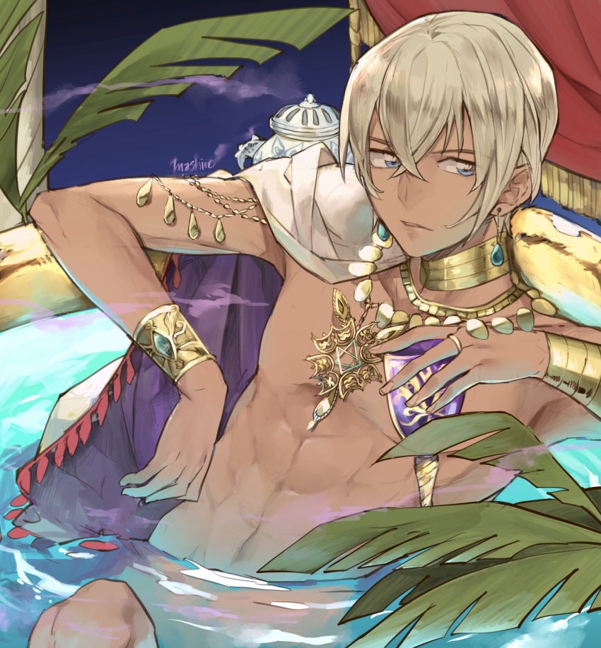 1boy, abs, amuro_tooru, artist_name, blonde_hair, blue_eyes, bracelet, cape, chalice, cup, dreaming182, earrings, hair_between_eyes, highres, holding, holding_cup, in_bathtub, incense_burner, indoors, jewelry, looking_at_viewer, male_focus, meitantei_conan, necklace, short_hair, smoke, solo, toned, toned_male, water