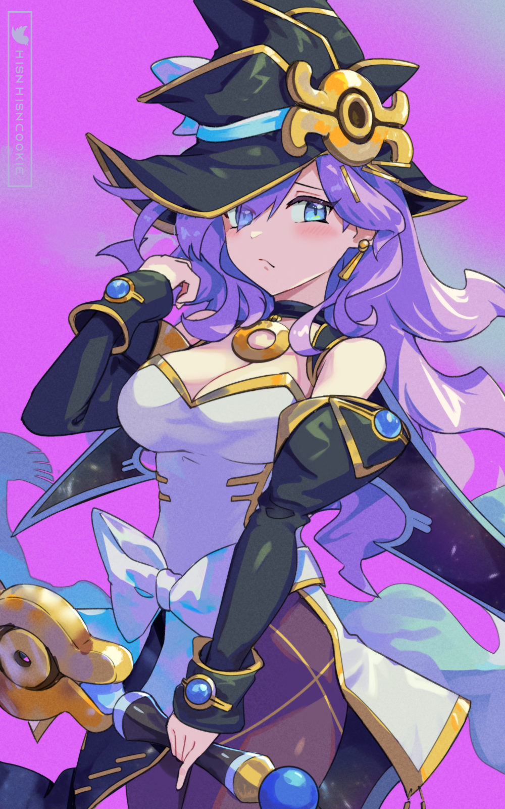 1girl, bare_shoulders, black_hat, blue_bow, blue_eyes, blush, bow, breasts, cleavage, cowboy_shot, detached_sleeves, dress, duel_monster, eye_of_horus, hair_between_eyes, hat, highres, holding, holding_wand, hsin, long_hair, long_sleeves, medium_breasts, nightmare_apprentice, pantyhose, pink_background, purple_hair, solo, twitter_username, wand, white_dress, witch_hat, wizard_hat, yu-gi-oh!