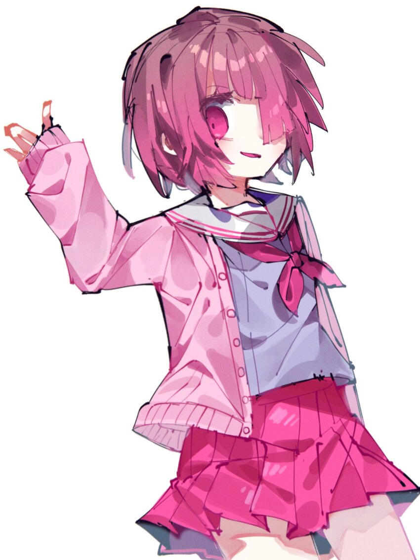 1girl, adapted_costume, arm_at_side, arm_up, bete_noire, blunt_bangs, brown_hair, cardigan