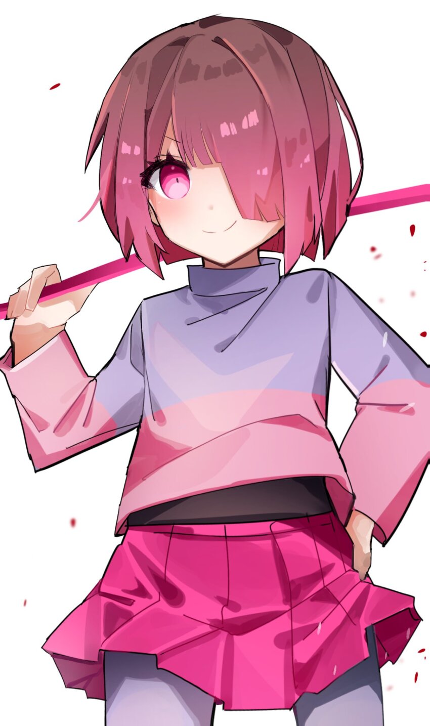 1girl, bete_noire, blunt_bangs, blush, brown_hair, center-flap_bangs, closed_mouth, commentary_request