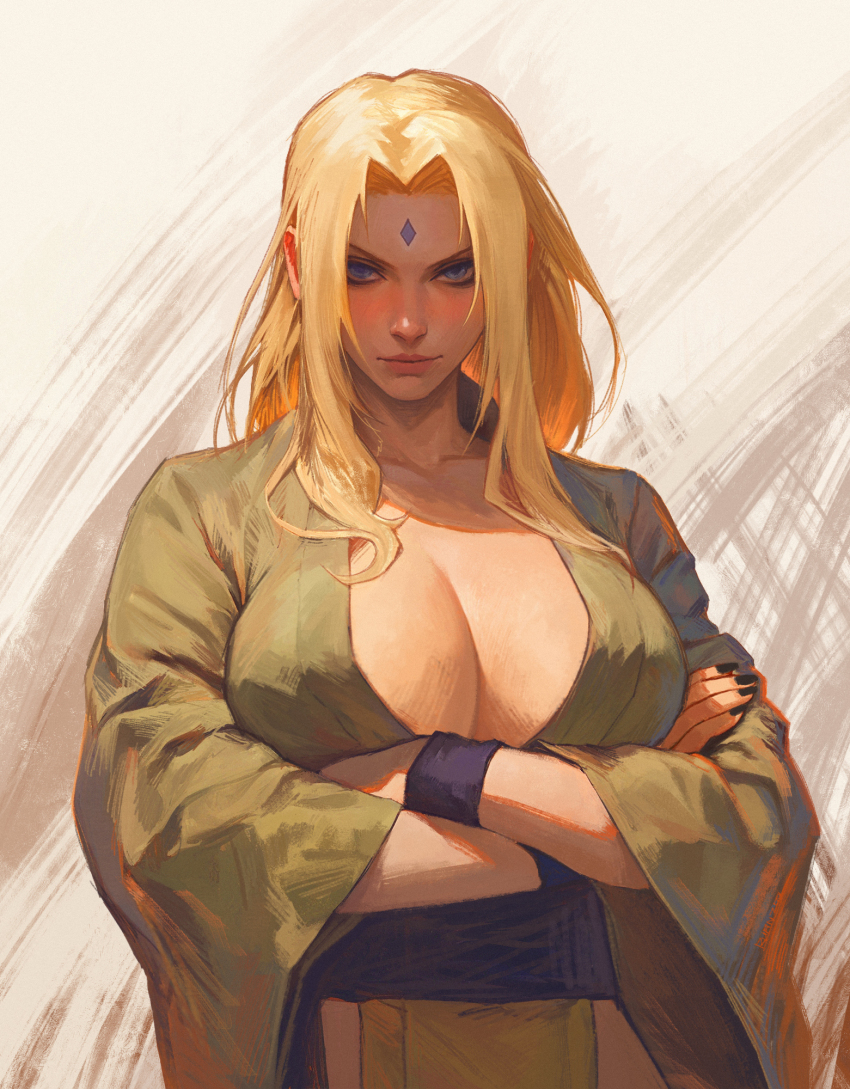 1girl, armband, black_nails, blonde_hair, blue_eyes, breasts, cleavage, closed_mouth, commentary, crossed_arms, english_commentary, facial_mark, forehead_mark, green_kimono, highres, japanese_clothes, kimono, large_breasts, looking_at_viewer, mature_female, naruto_(classic), naruto_(series), ruan_zoe, solo, tsunade_(naruto), upper_body, wide_sleeves
