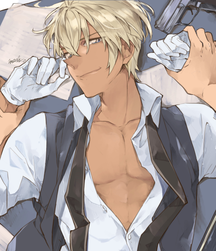 1boy, amuro_tooru, artist_name, black_vest, blonde_hair, collarbone, dreaming182, gloves, grey_background, gun, highres, lying, male_focus, meitantei_conan, necktie, on_back, paper, partially_unbuttoned, shirt, smile, toned, toned_male, undone_necktie, vest, weapon, white_gloves, white_shirt