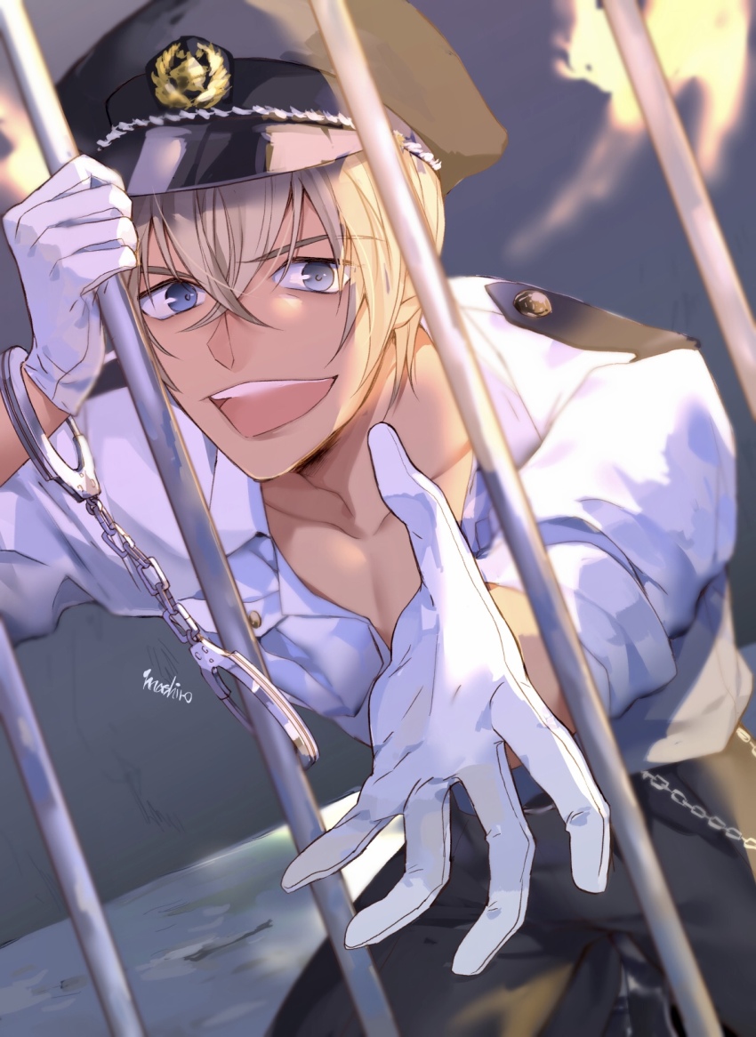 1boy, :d, amuro_tooru, artist_name, black_hat, black_pants, blonde_hair, blue_eyes